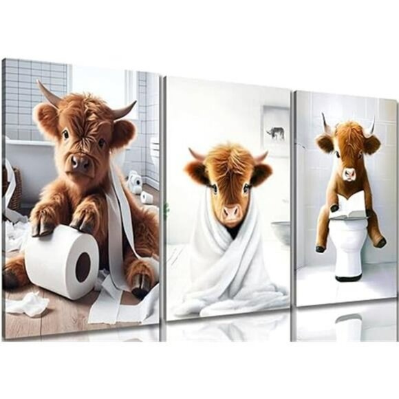 Highland Cow Wall Art Set Framed Funny Bathroom Farmhouse Rustic Decor 12x16 - Picture 8 of 8